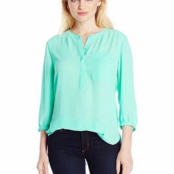 NYDJ Teal Blue Petite Henley Pleated Back Blouse - Picture 1 of 8